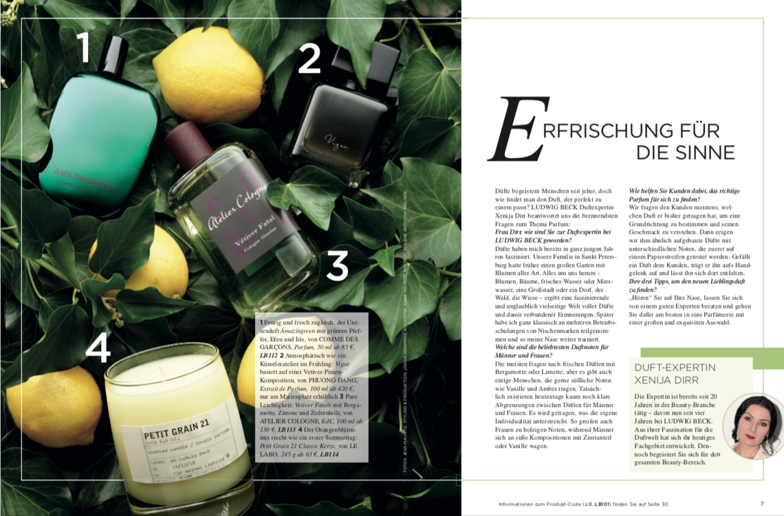 Duft-Produktion für das Ludwig Beck Magazin Sommer 2019 Beispielseite aus dem Ludwig Beck Magazin Sommer 2019