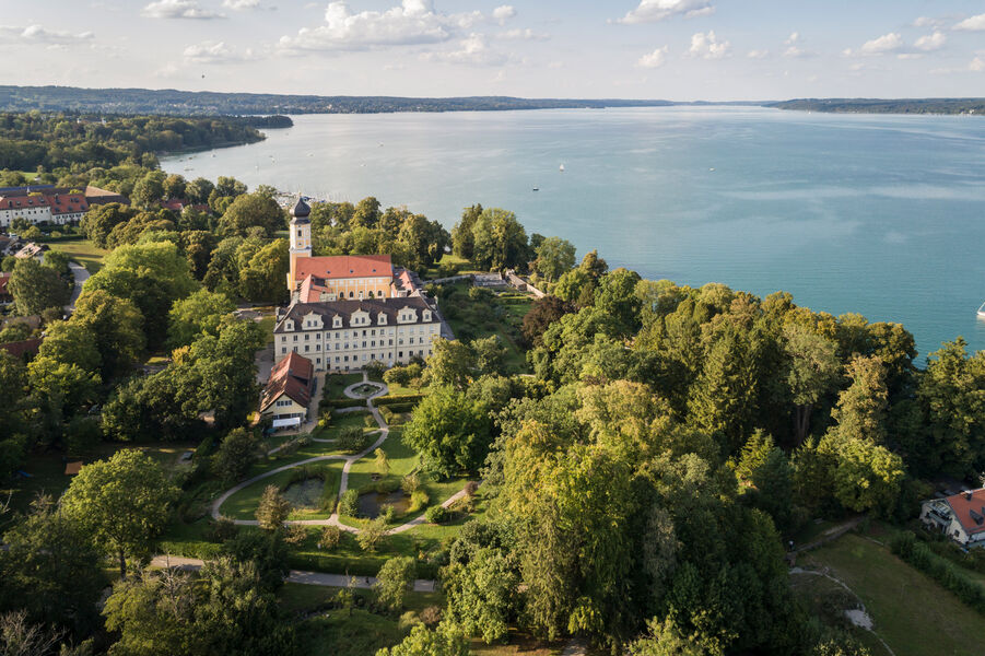 Aerial view of the Bernried monastery with Starnberger See in the background