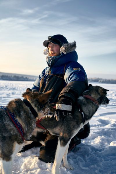 Dog sledding in Lapland: Visiting a husky farm Dog sledge driver Jonas pats two of his huskies