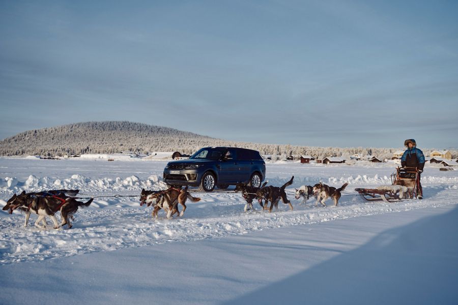 Dog sledding in Lapland: Visiting a husky farm Dog sled rides alongside Range Rover Sport through snow-covered plains in Lapland