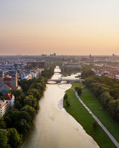 Aerial view of Munich and the Isar river