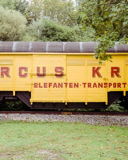 Yellow transport wagon for elephants from Circus Krone
