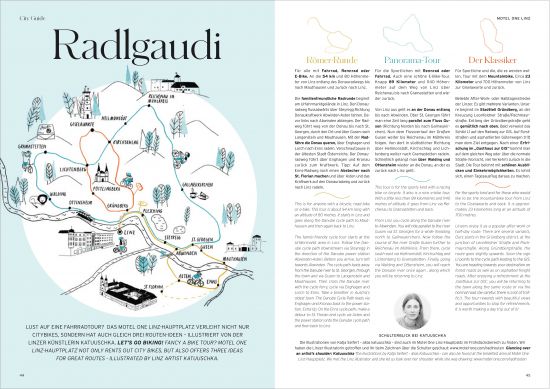 Motel One Magazin No. 13 Layout des Motel One Magazins mit einer Illustration der Künstlerin Kartuuschka