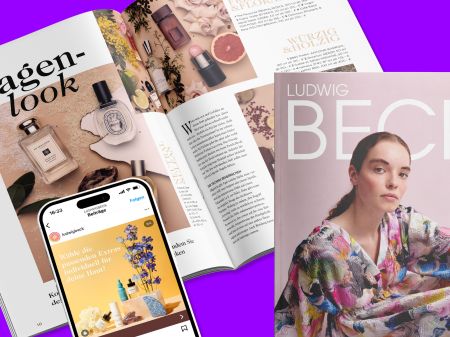 Cover of the Ludwig Beck Magazine, an open double spread on perfume layering, and a smartphone displaying the Instagram channel are placed on a violet background