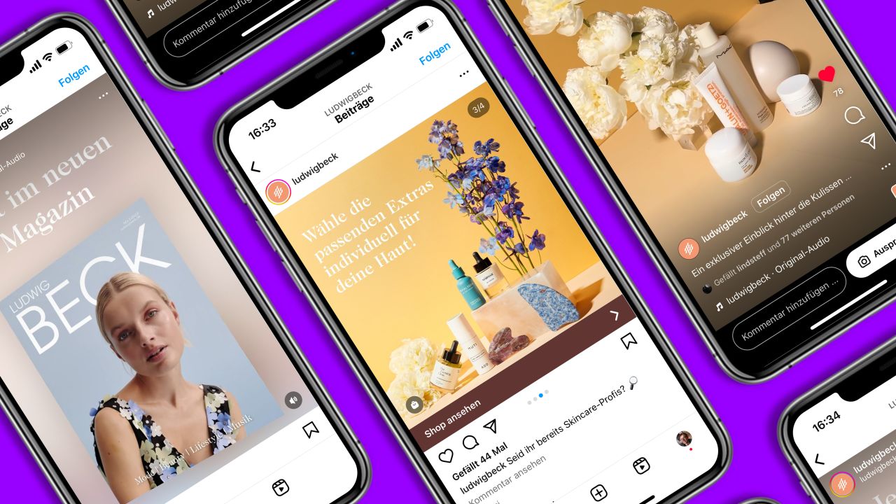 Nahaufnahme mehrerer Smartphones, die den Instagram-Feed von Ludwig Beck mit verschiedenen Posts zu Beauty- und Lifestyle-Themen anzeigen. Nahaufnahme mehrerer Smartphones, die den Instagram-Feed von Ludwig Beck mit verschiedenen Posts zu Beauty- und Lifestyle-Themen anzeigen.