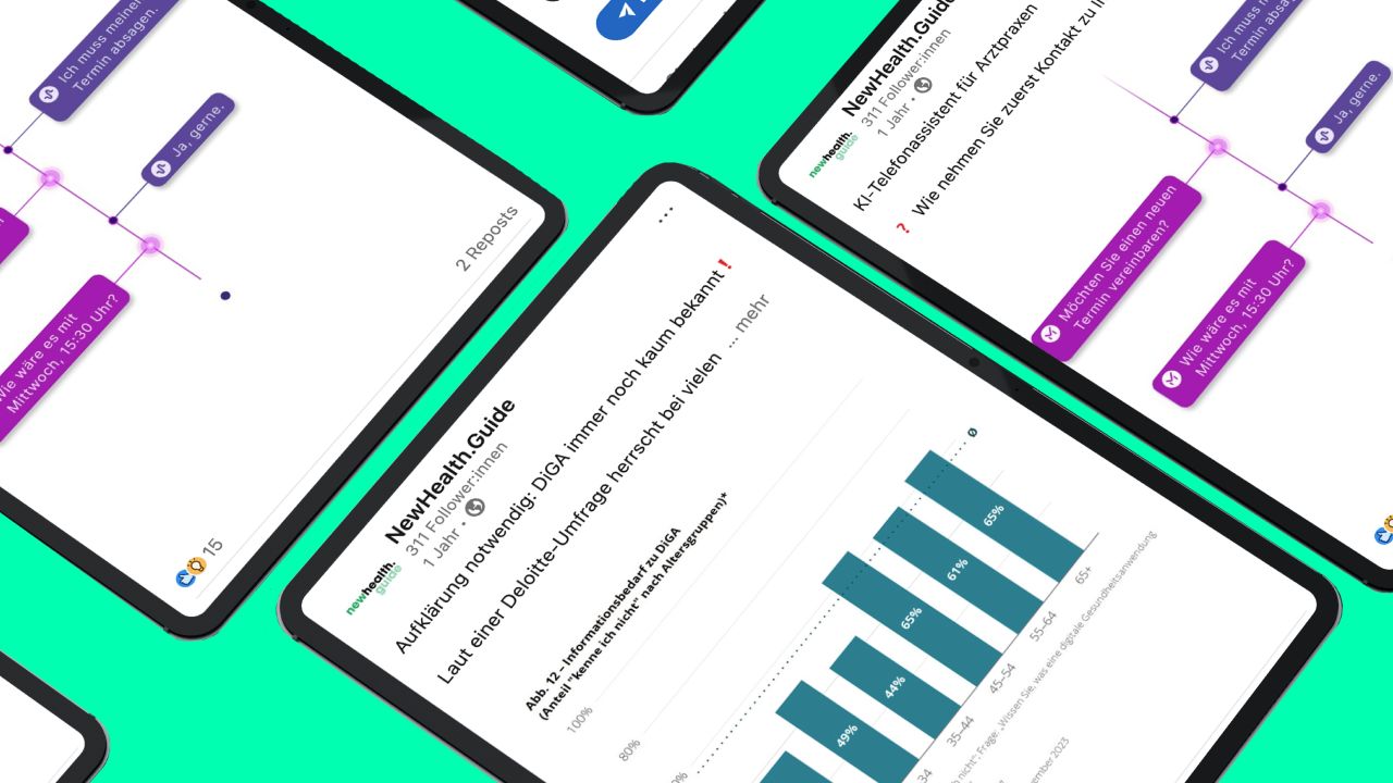 Several tablets display social media posts from NewHealth.Guide on LinkedIn Several tablets display social media posts from NewHealth.Guide on LinkedIn