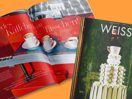 Spread double page and cover of the KPM customer magazine WEISS on an orange background