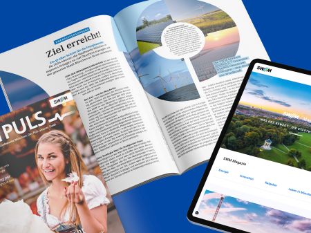Cover of the customer magazine M-PULS published by Stadtwerke München (SWM), an open page, and a tablet displaying the SWM online magazine on a blue background