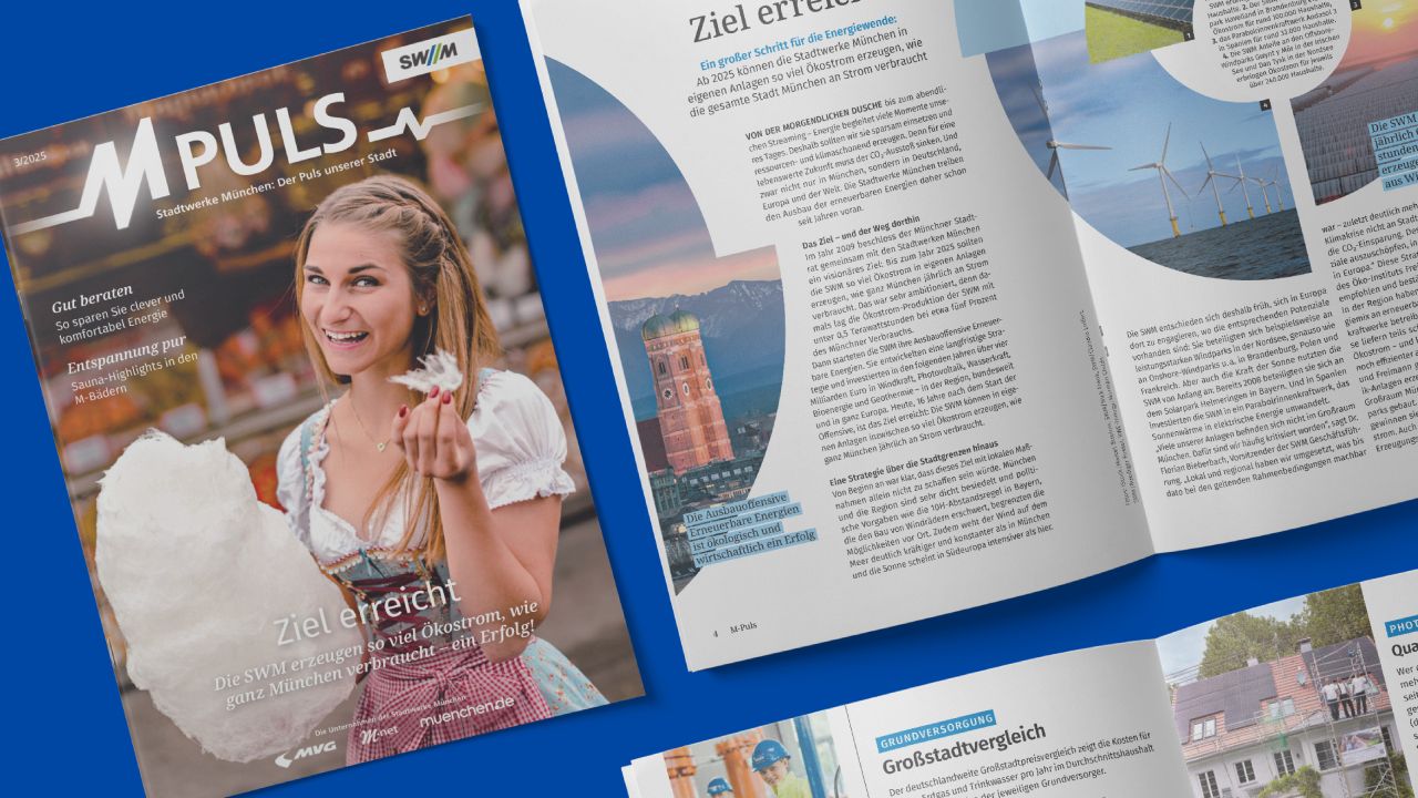 Cover of SWM M-PULS magazine featuring a smiling woman in traditional dress holding cotton candy, and an open double-page spread on the topic of the energy transition in Munich Cover of SWM M-PULS magazine featuring a smiling woman in traditional dress holding cotton candy, and an open double-page spread on the topic of the energy transition in Munich