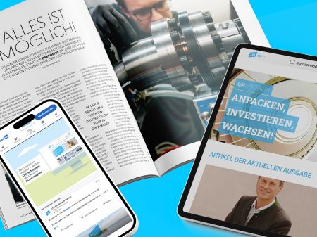 Smartphone, tablet, and open issue of LfA magazine on blue background