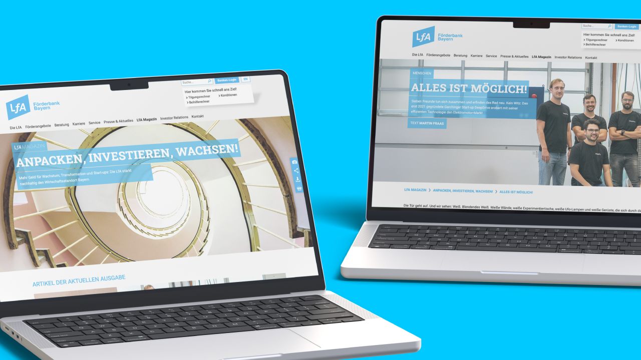 Two laptops display the home page of the LfA online magazine and an article page on a blue background. Two laptops display the home page of the LfA online magazine and an article page on a blue background.