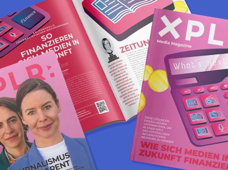 Cover of industry publication XPLR: MEDIA Magazine alongside open double page and magazine insert on blue background
