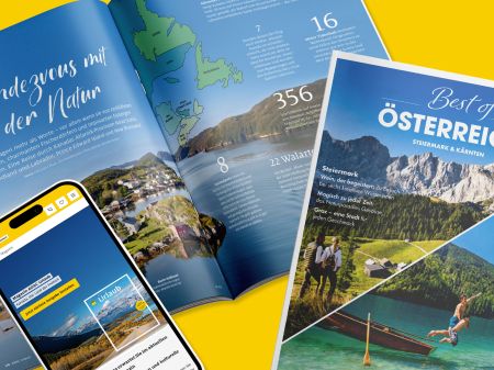 Travel magazine ADAC Urlaub, magazine supplement “Best of Austria” and smartphone with ADAC Urlaub website on yellow background