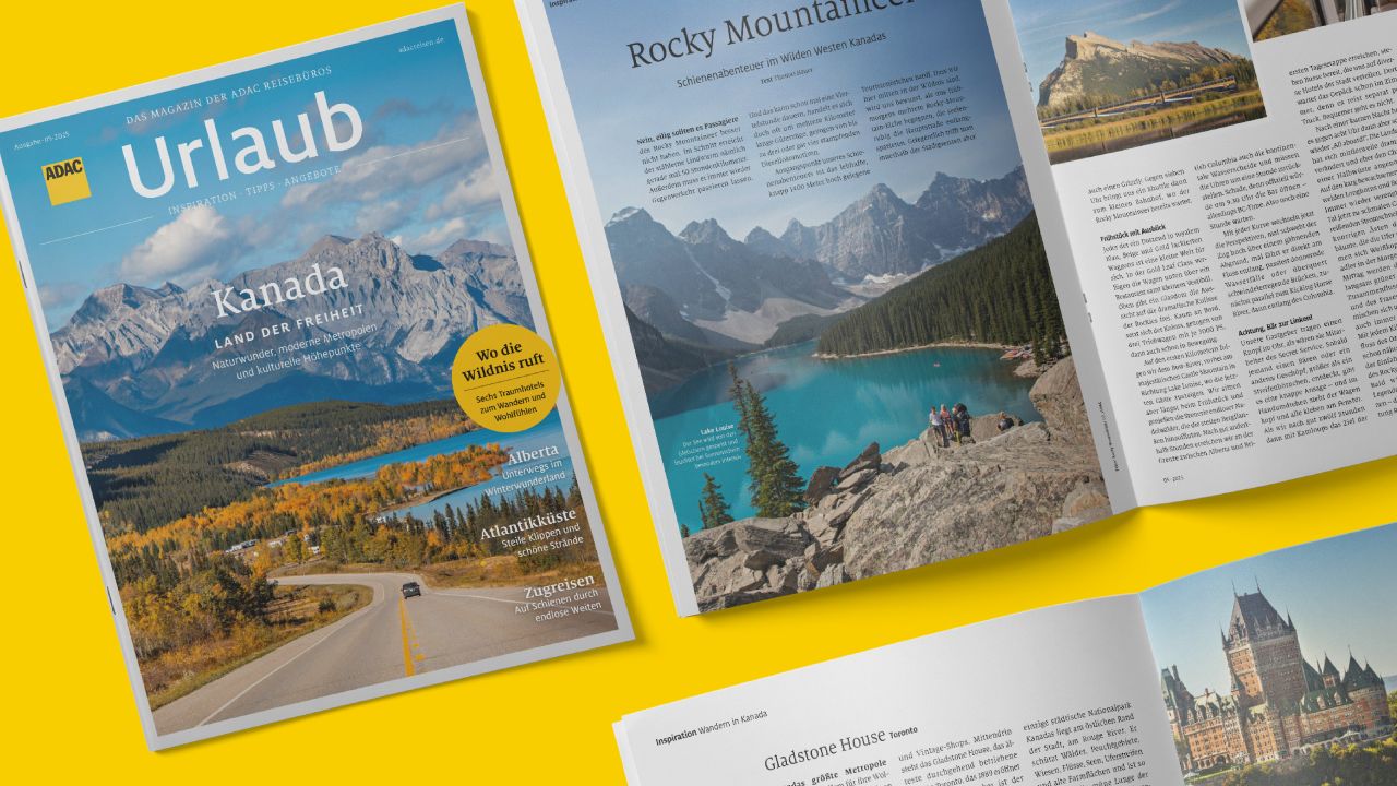 Cover und aufgeschlagene Doppelseite des Reisemagazins ADAC Urlaub mit dem Titelthema Kanada Cover und aufgeschlagene Doppelseite des Reisemagazins ADAC Urlaub mit dem Titelthema Kanada