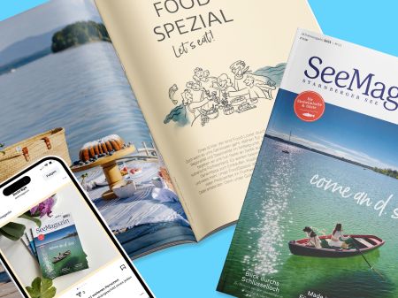 Cover page of SeeMagazin, open double page with the title “FOOD SPECIAL” and smartphone with the Instagram feed of SeeMagazin on a light blue background