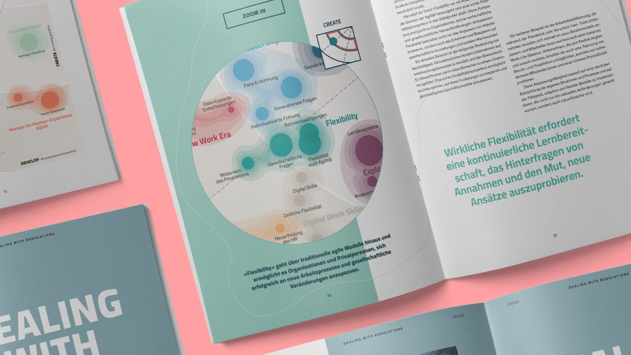 Aufgeschlagene Doppelseite der "Megatrendstudie: Future of Work" mit einem Diagramm zum Thema "Future of Work Era" Aufgeschlagene Doppelseite der "Megatrendstudie: Future of Work" mit einem Diagramm zum Thema "Future of Work Era"