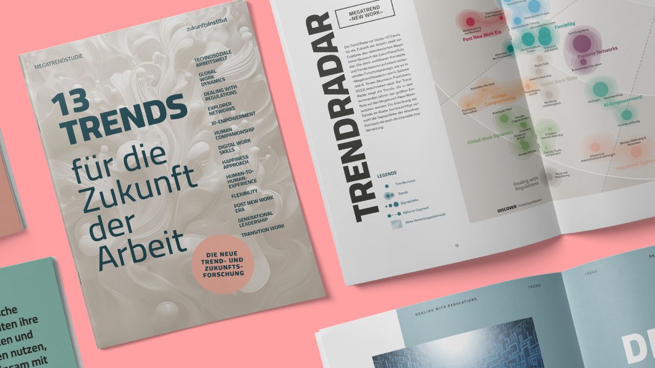 Cover der "Megatrendstudie: Future of Work" des Zukunftsinstituts mit einer aufgeschlagenen Doppelseite mit Infografik Cover der "Megatrendstudie: Future of Work" des Zukunftsinstituts mit einer aufgeschlagenen Doppelseite mit Infografik