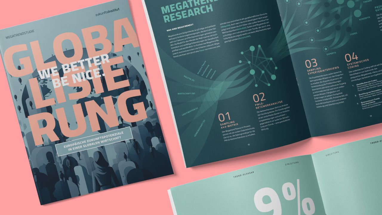 Cover der "Megatrendstudie: Globalisierung" des Zukunftsinstituts mit einer aufgeschlagenen Doppelseite mit Infografik Cover der "Megatrendstudie: Globalisierung" des Zukunftsinstituts mit einer aufgeschlagenen Doppelseite mit Infografik