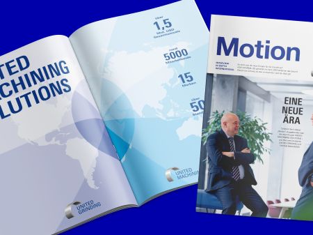 Cover of the customer magazine “Motion” and an open page on a blue background