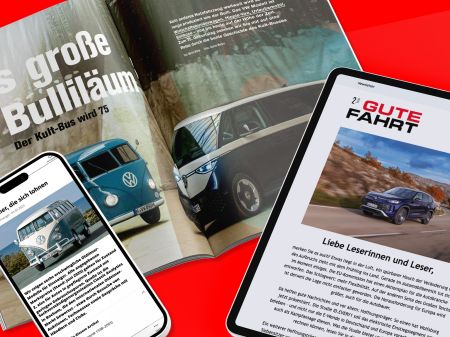 Open double page of the car magazine “Gute Fahrt,” tablet with the homepage of the Gute Fahrt website, and smartphone with online article on a red background