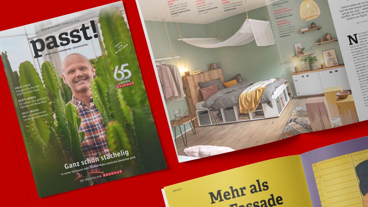 Cover und aufgeschlagene Doppelseite aus dem "passt!" Magazin von BAUHAUS Cover und aufgeschlagene Doppelseite aus dem "passt!" Magazin von BAUHAUS