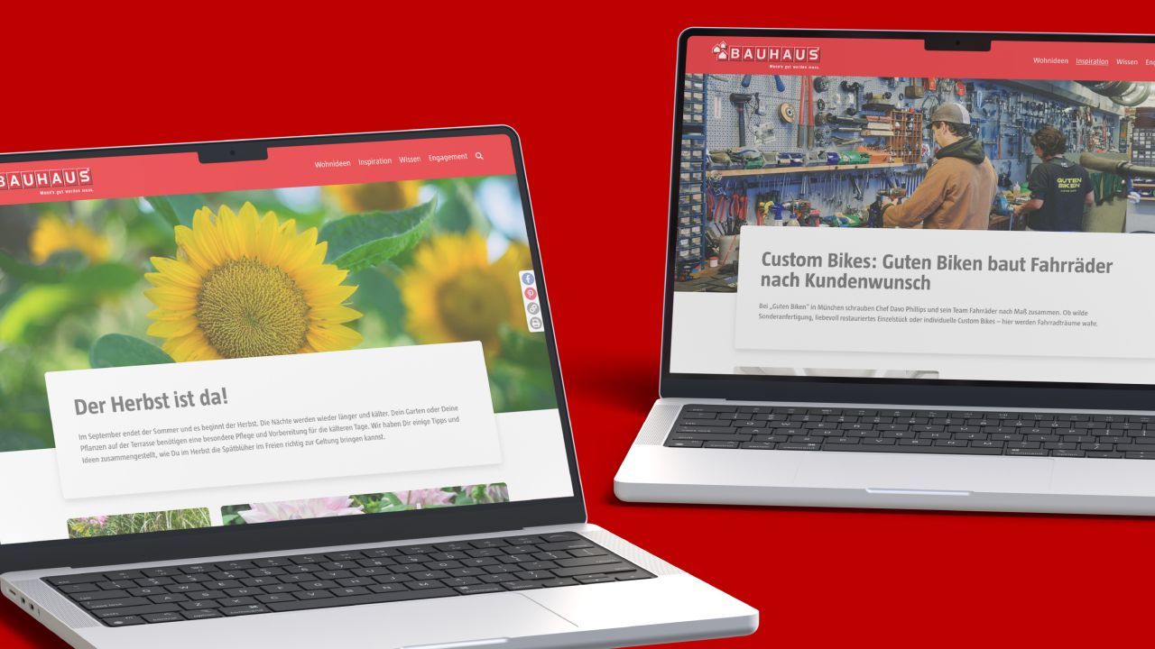 Zwei Laptops zeigen die BAUHAUS-Website richtiggut.de Zwei Laptops zeigen die BAUHAUS-Website richtiggut.de