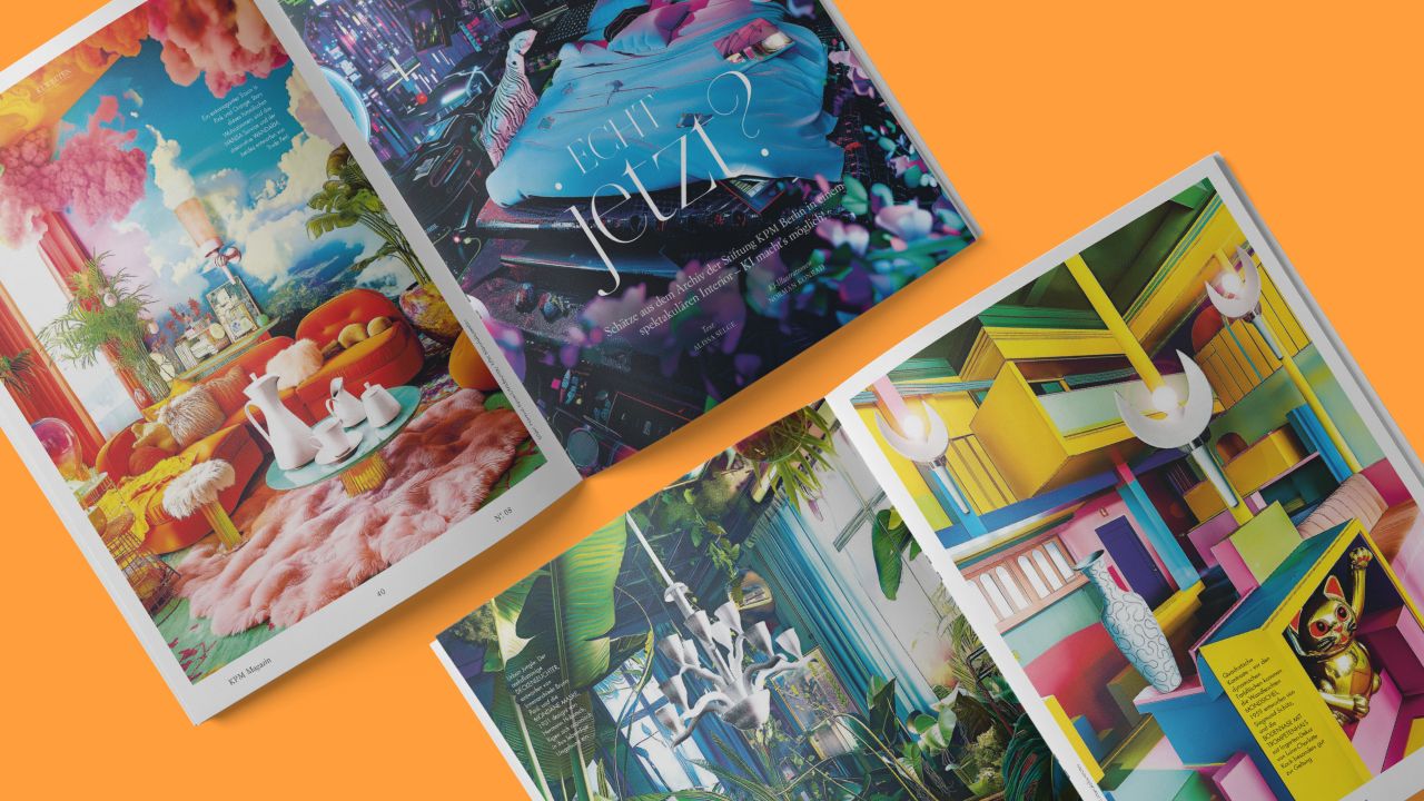 Two double pages with AI illustrations from KPM customer magazine WEISS No. 8 Two double pages with AI illustrations from KPM customer magazine WEISS No. 8