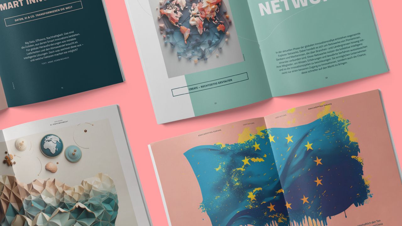 Mehrere aufgeschlagene Publikationen des Zukunftsinstituts mit KI-generierten Visualisierungen, darunter eine Landkarte und eine wehende Europaflagge Mehrere aufgeschlagene Publikationen des Zukunftsinstituts mit KI-generierten Visualisierungen, darunter eine Landkarte und eine wehende Europaflagge