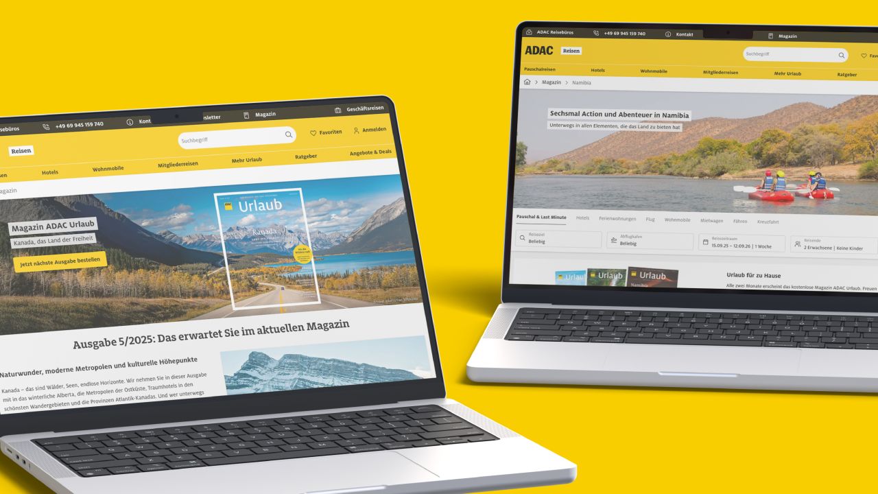 Zwei nebeneinander stehende Laptops zeigen die Website des Reisemagazins ADAC Urlaub und eine Artikelseite zu Namibia Zwei nebeneinander stehende Laptops zeigen die Website des Reisemagazins ADAC Urlaub und eine Artikelseite zu Namibia
