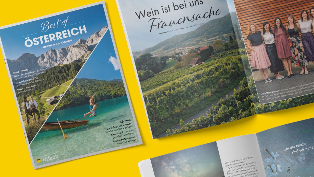 Cover und aufgeschlagene Doppelseite der Beilage "Best of Österreich" zum Reisemagazin ADAC Urlaub Cover und aufgeschlagene Doppelseite der Beilage "Best of Österreich" zum Reisemagazin ADAC Urlaub