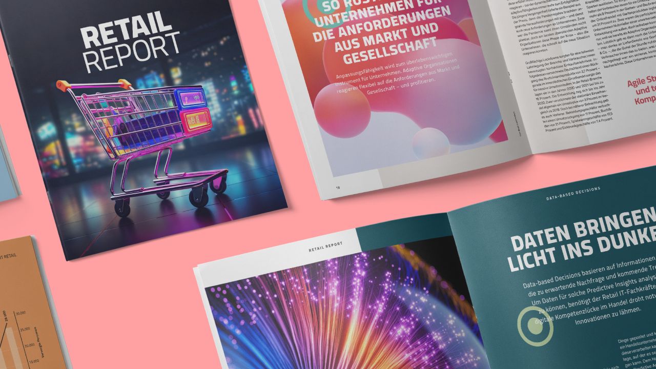 Cover und mehrere aufgeschlagene Doppelseiten aus dem "Retail Report" des Zukunftsinstituts Cover und mehrere aufgeschlagene Doppelseiten aus dem "Retail Report" des Zukunftsinstituts