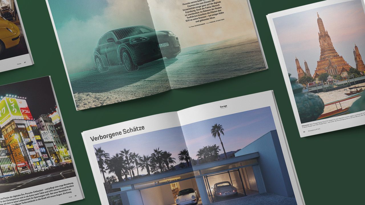 Mehrere Doppelseiten des Unternehmensmagazins "Christophorus – das Porsche-Magazin" mit Fotostrecken zu verschiedenen Porsche-Modellen Mehrere Doppelseiten des Unternehmensmagazins "Christophorus – das Porsche-Magazin" mit Fotostrecken zu verschiedenen Porsche-Modellen