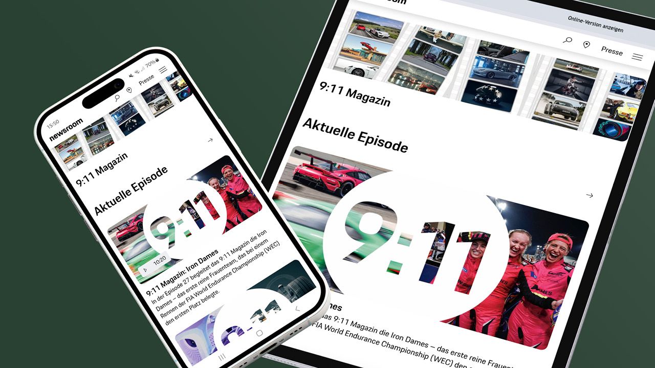 Startseite des Porsche-Bewegtbildformats "9:11 Magazin", dargestellt auf einem Smartphone und auf einem Tablet Startseite des Porsche-Bewegtbildformats "9:11 Magazin", dargestellt auf einem Smartphone und auf einem Tablet