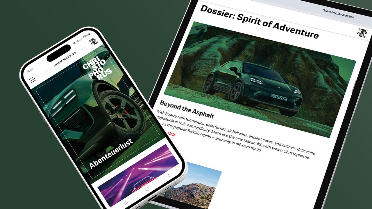 Startseite der Website von "Christophorus – das Porsche-Magazin" auf einem Smartphone und einem Tablet dargestellt Startseite der Website von "Christophorus – das Porsche-Magazin" auf einem Smartphone und einem Tablet dargestellt