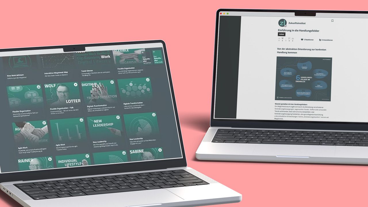 Zwei Laptops zeigen Websites zu den digitalen Working-Tools des Zukunftsinstituts Zwei Laptops zeigen Websites zu den digitalen Working-Tools des Zukunftsinstituts