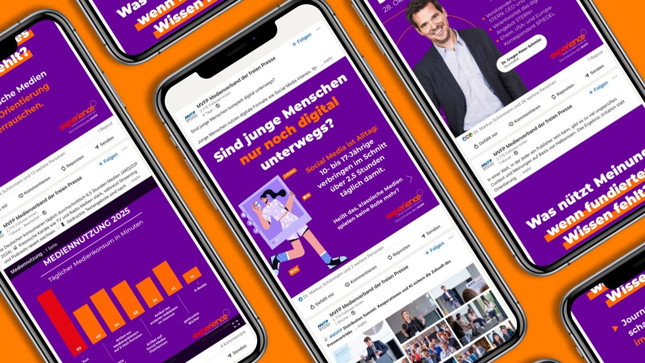 Several iPhones on an orange background showing LinkedIn posts for the MVFP Experience Day with infographics and photos Several iPhones on an orange background showing LinkedIn posts for the MVFP Experience Day with infographics and photos