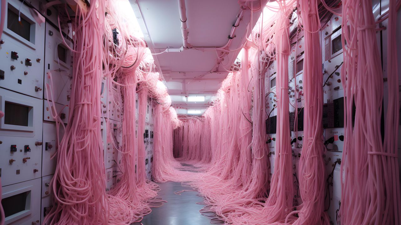 Futuristic server room with a hallway filled with thick, messy pink data cables Futuristic server room with a hallway filled with thick, messy pink data cables