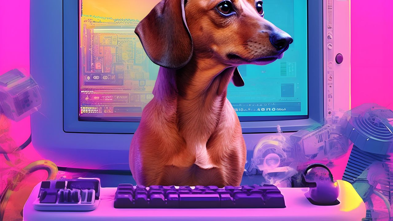 Colorful AI illustration shows a dachshund with its head sticking out of a retro computer monitor, surrounded by technical equipment. Colorful AI illustration shows a dachshund with its head sticking out of a retro computer monitor, surrounded by technical equipment.