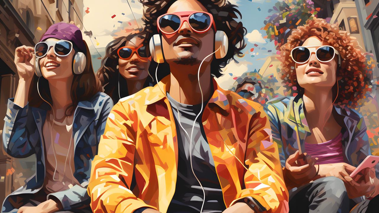 Colorful, comic-style AI illustration shows a diverse group of young adults in a shower of confetti. Colorful, comic-style AI illustration shows a diverse group of young adults in a shower of confetti.