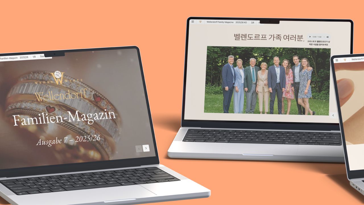 Mehrere aufgeklappte Laptops zeigen Startseite und Editorial des digitalen Wellendorff Familien-Magazins in deutscher und japanischer Sprache Mehrere aufgeklappte Laptops zeigen Startseite und Editorial des digitalen Wellendorff Familien-Magazins in deutscher und japanischer Sprache