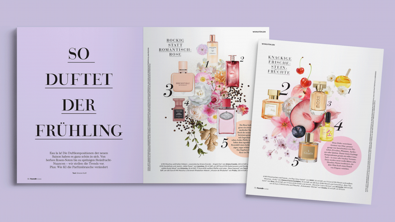 Collage eines Zeitschriftenartikels über Frühlingsdüfte mit verschiedenen Parfümflaschen, Blüten und Fruchtelementen auf lila Hintergrund