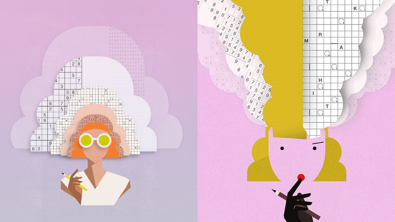 Zwei Illustrationen im Flat Design Stil zeigen Frauenfiguren mit Stiften in den Händen, aus deren Köpfen wolkenartige Formen mit Sudoku- und Kreuzworträtseln ragen
