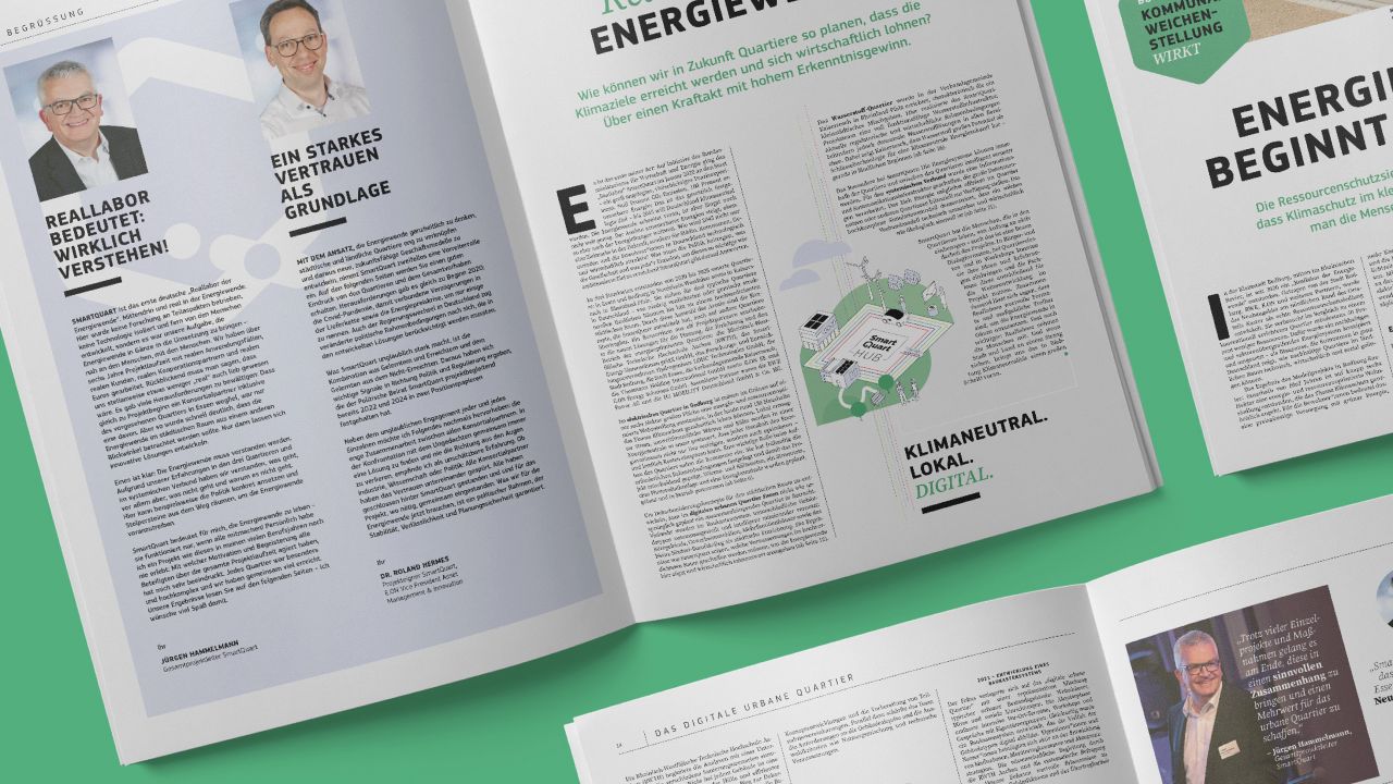 Opened inner pages of the SmartQuart final report with portrait photos of those involved in the project and text contributions