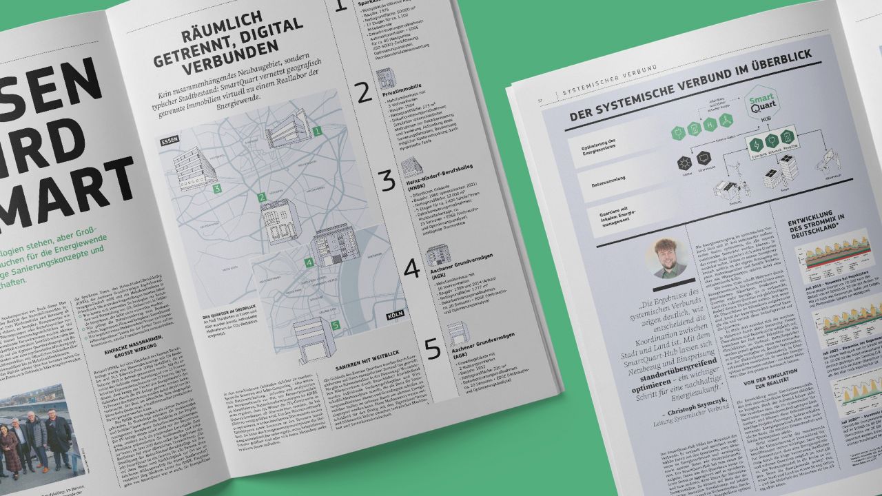 Magazine page featuring a city map of Essen and information on various real estate projects within the SmartQuart real-world laboratory